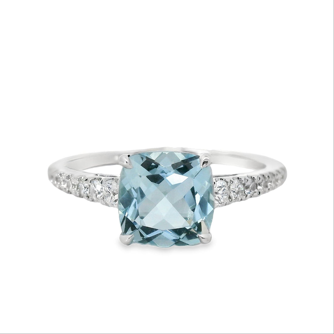 18kt White Gold Cushion Natural Aqua and Round Natural Diamonds Ring (1.8ct)