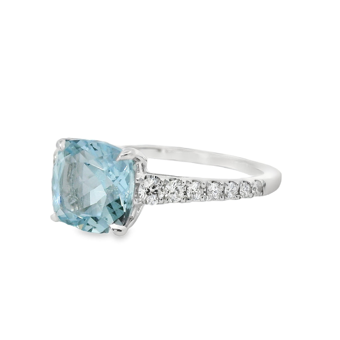 18kt White Gold Cushion Natural Aqua and Round Natural Diamonds Ring (1.8ct)