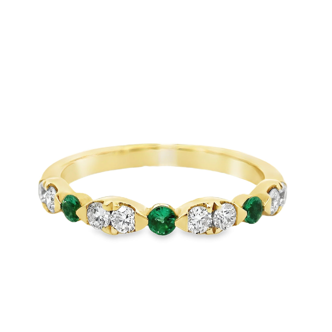 18kt Yellow Gold Round Natural Diamonds and Round Natural Emeralds Ring (0.42ct)