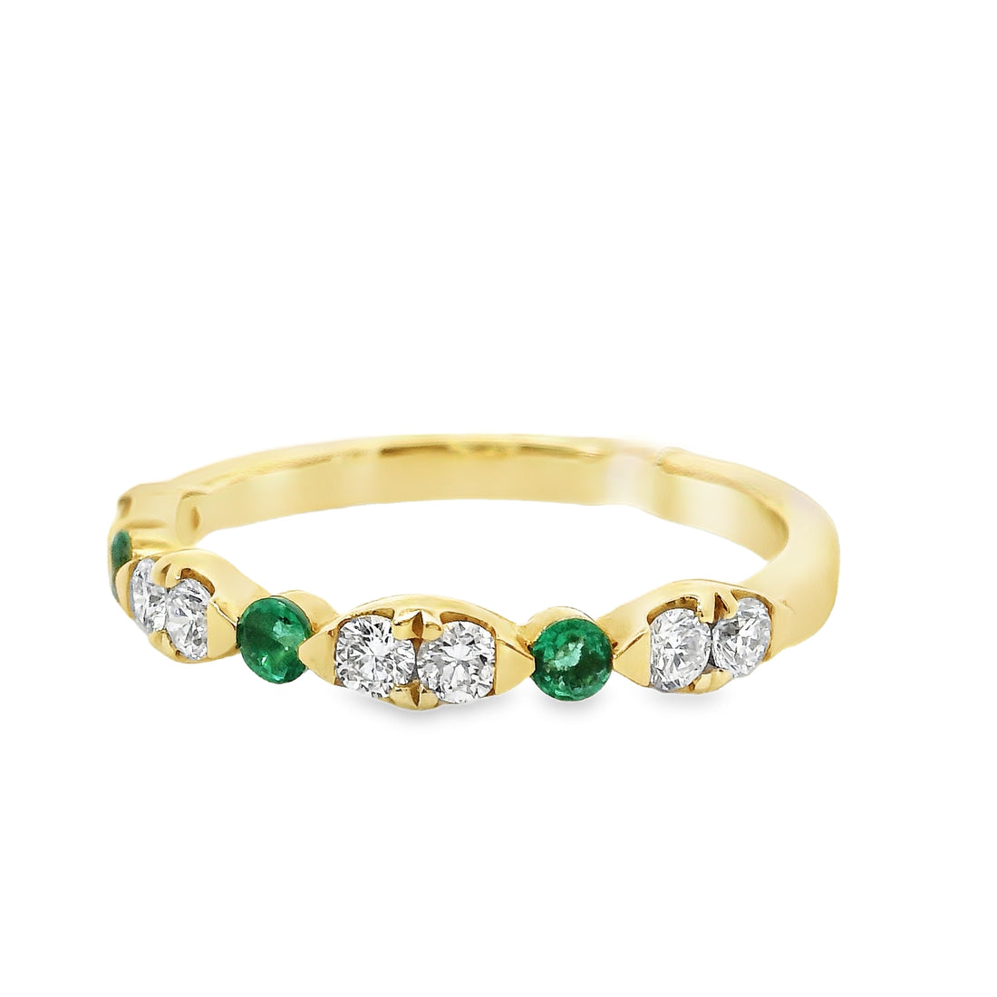 18kt Yellow Gold Round Natural Diamonds and Round Natural Emeralds Ring (0.42ct)