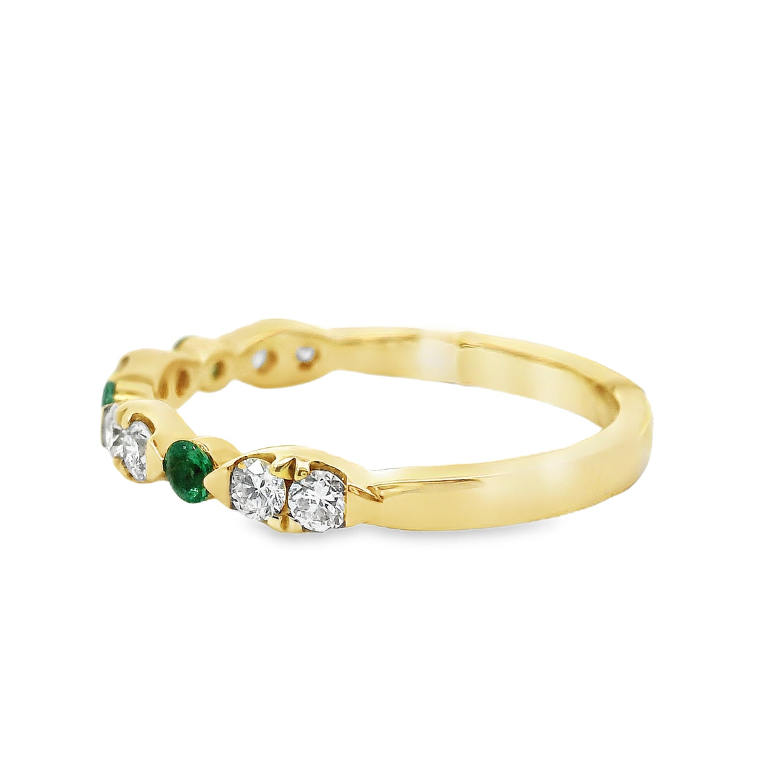 18kt Yellow Gold Round Natural Diamonds and Round Natural Emeralds Ring (0.42ct)