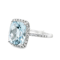 18kt White Gold Natural Cushion Aquamarine and Natural Diamond Halo Ring (3.14ct)