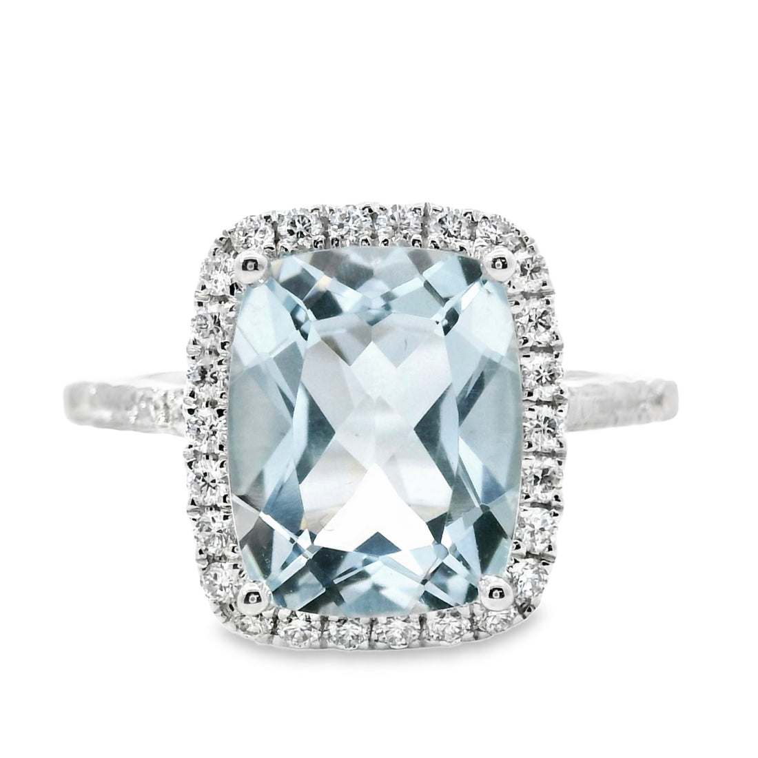 18kt White Gold Natural Cushion Aquamarine and Natural Diamond Halo Ring (3.14ct)