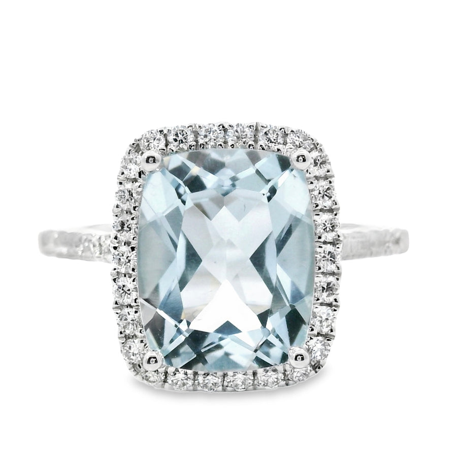 18kt White Gold Natural Cushion Aquamarine and Natural Diamond Halo Ring (3.14ct)