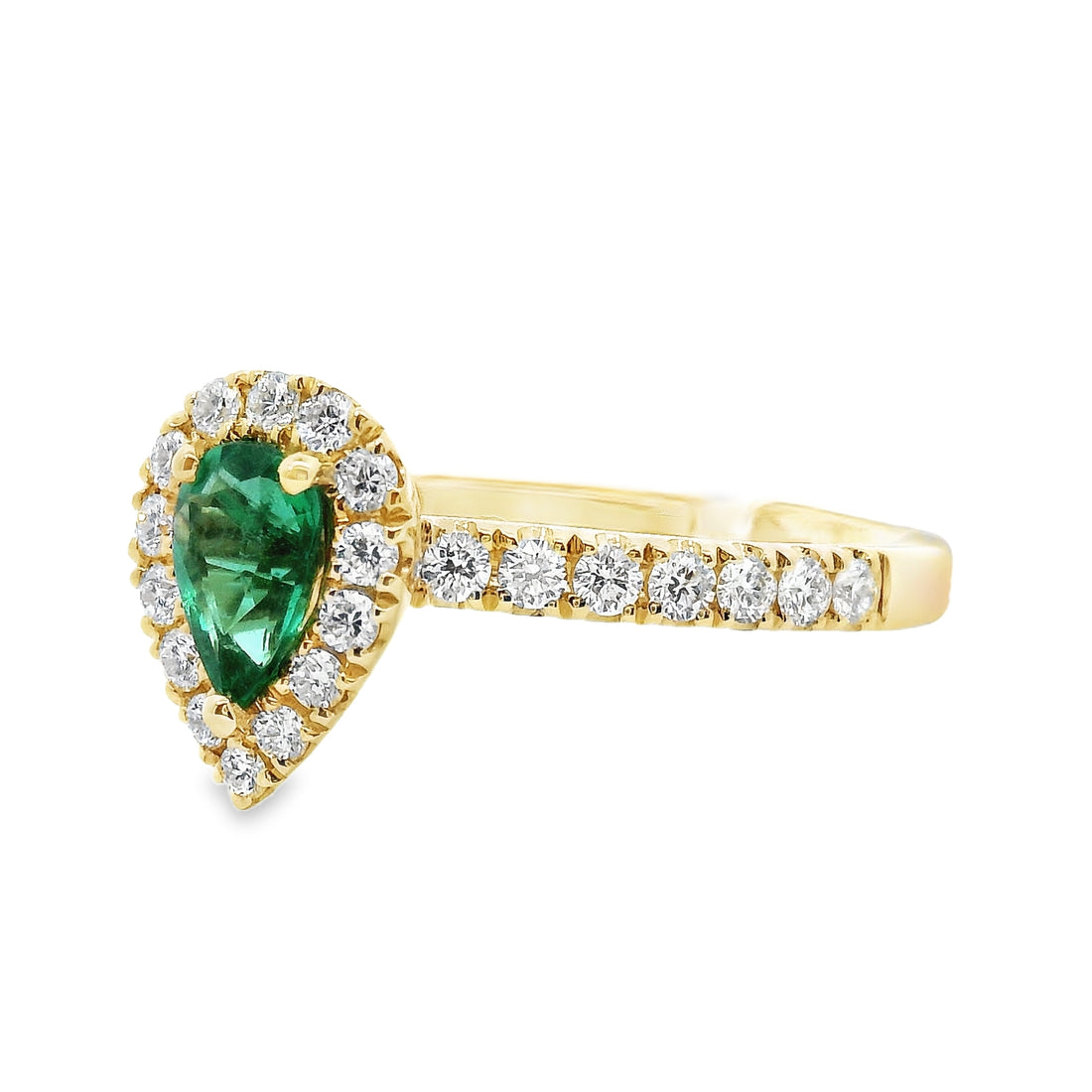 18kt Yellow Gold Natural Pear Emerald and Natural Round Diamond Halo Ring (.74ct)