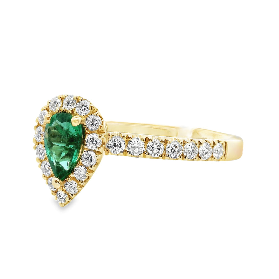 18kt Yellow Gold Natural Pear Emerald and Natural Round Diamond Halo Ring (.74ct)