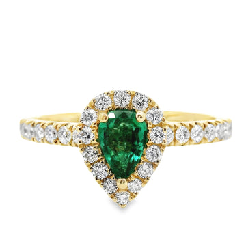 18kt Yellow Gold Natural Pear Emerald and Natural Round Diamond Halo Ring (.74ct)
