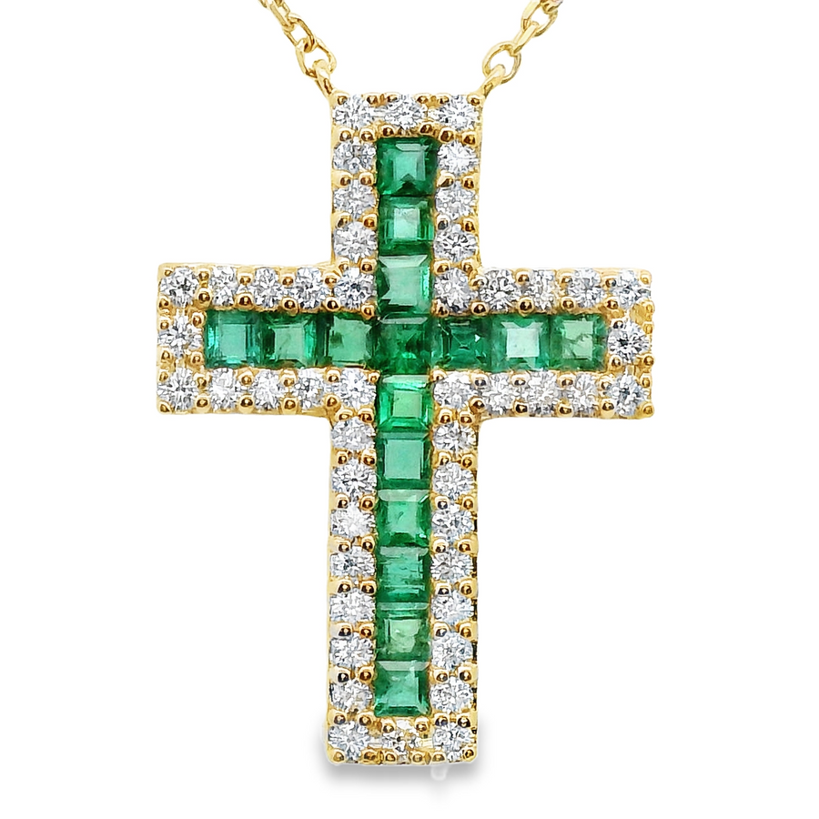 18kt Yellow Gold Natural Emeralds and Diamonds Cross Pendant (0.61ct)