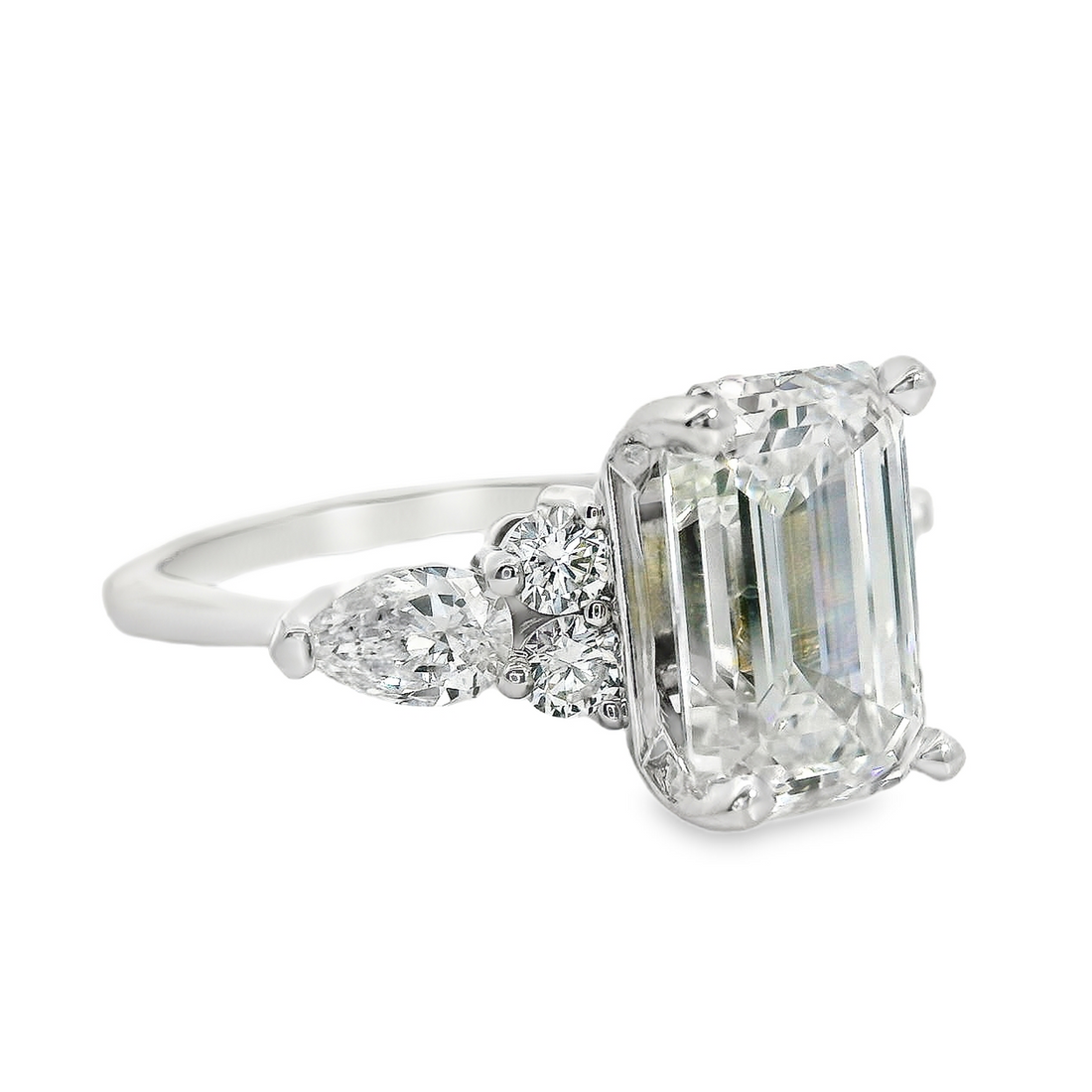 14kt White Gold Lab-Grown Emerald Cut & Pear Diamonds 3-Stone Engagement Ring (3.79ct)