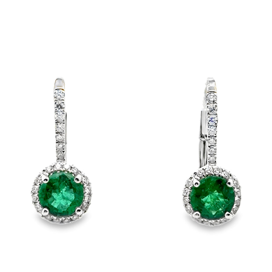 18K White Gold Natural Round Emerald (.91ct) and Natural Round Diamond Earrings (.25ct)