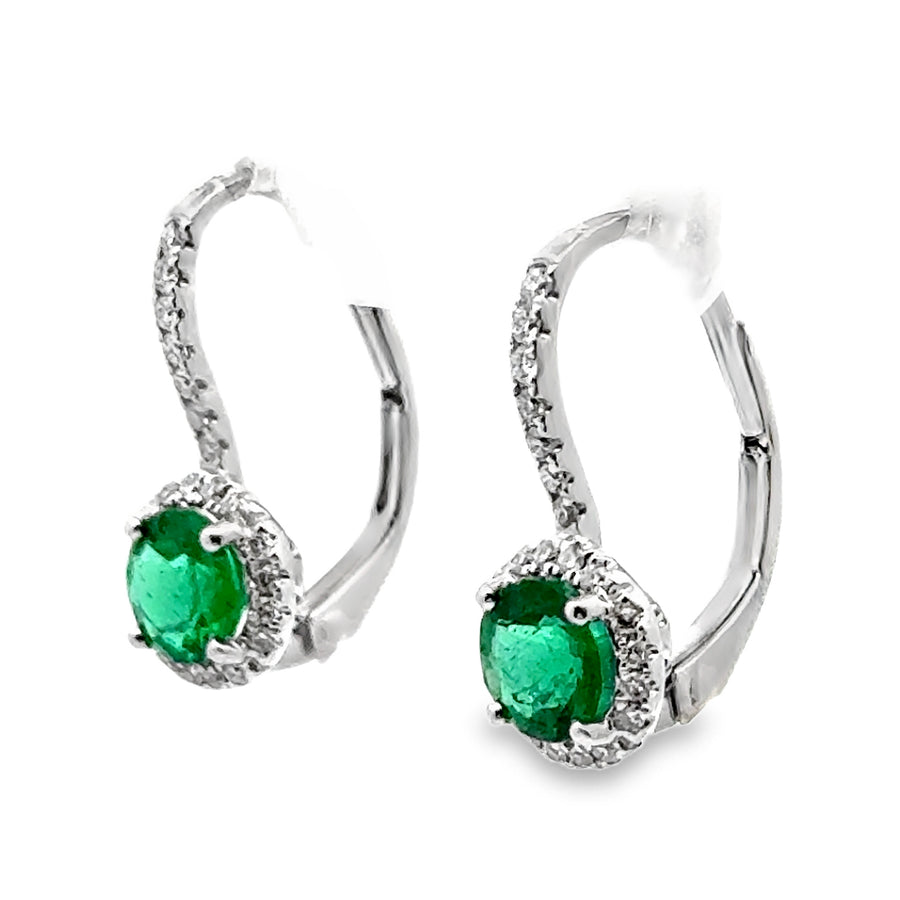 18K White Gold Natural Round Emerald (.91ct) and Natural Round Diamond Earrings (.25ct)
