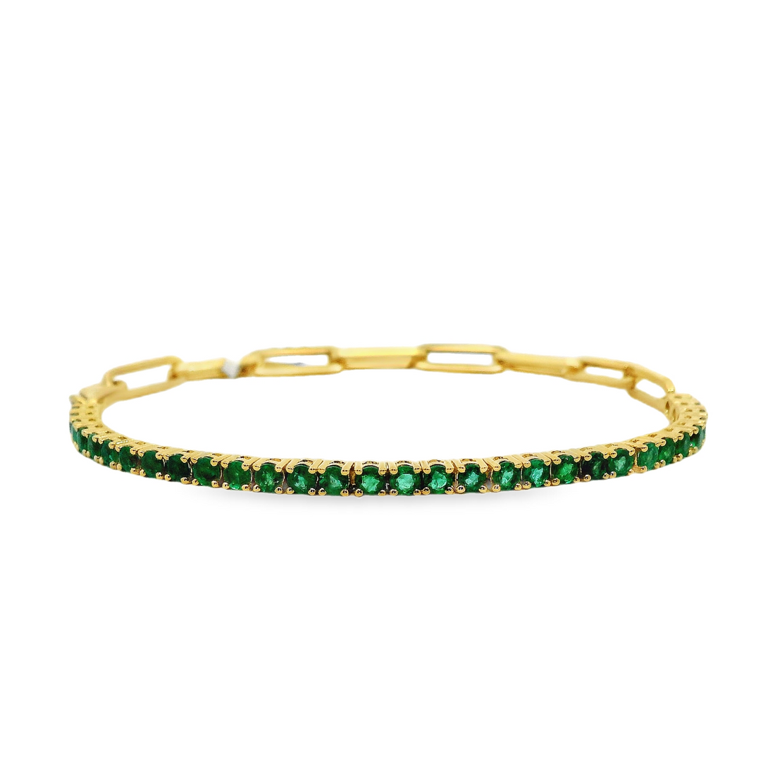 18kt Yellow Gold Natural Round Emerald Paperclip Tennis Bracelet (1.79ct)