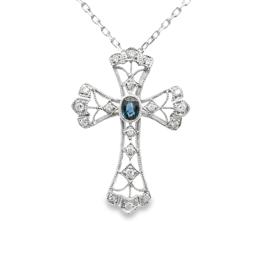 18K White Gold Natural Diamond and Sapphire Cross Pendant (.42ct)