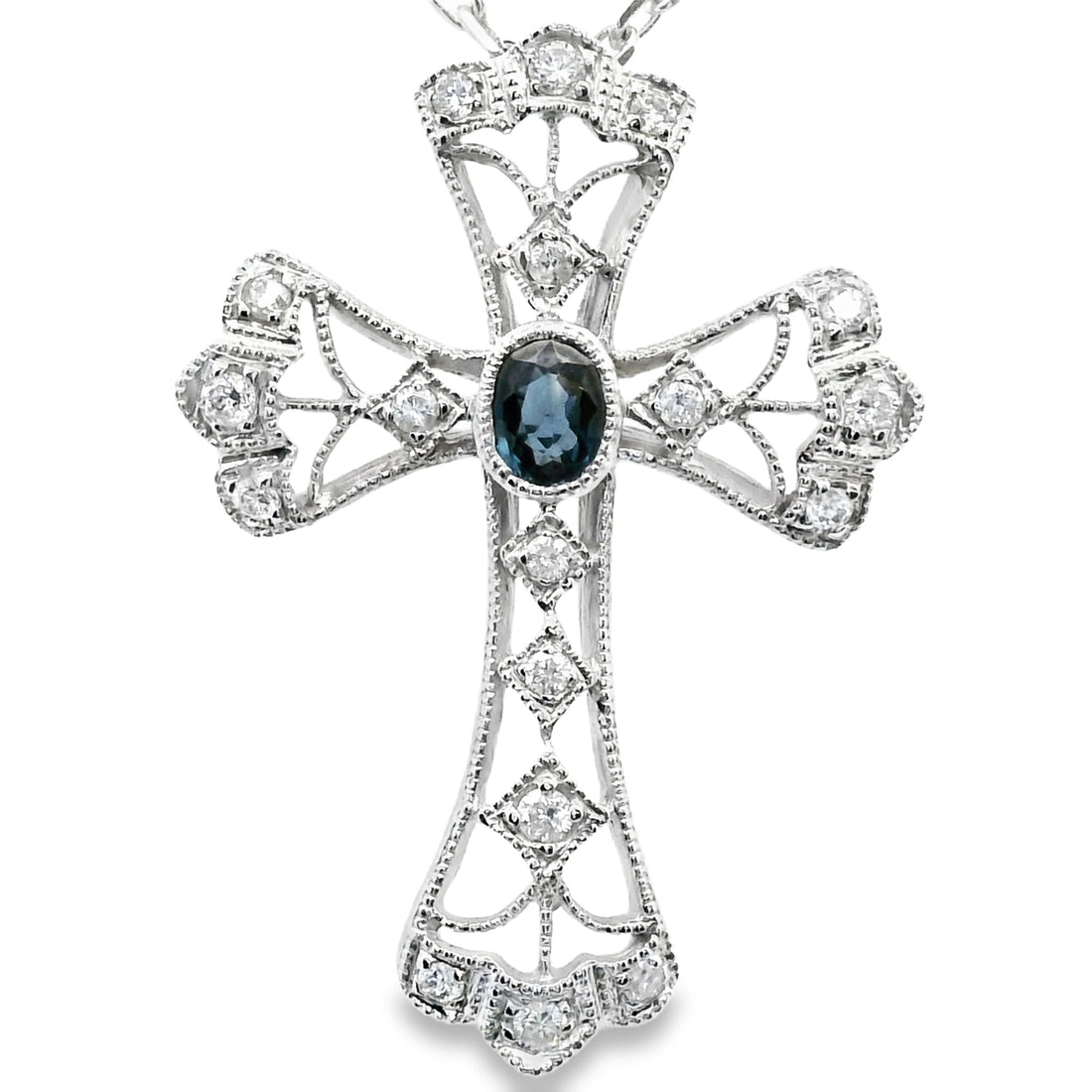 18K White Gold Natural Diamond and Sapphire Cross Pendant (.42ct)