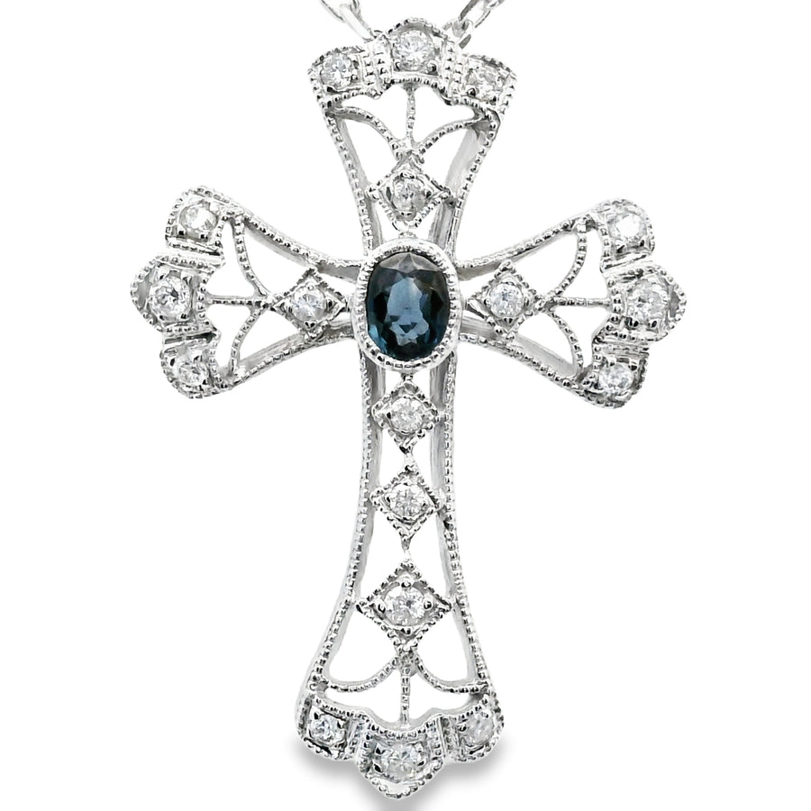 18K White Gold Natural Diamond and Sapphire Cross Pendant (.42ct)