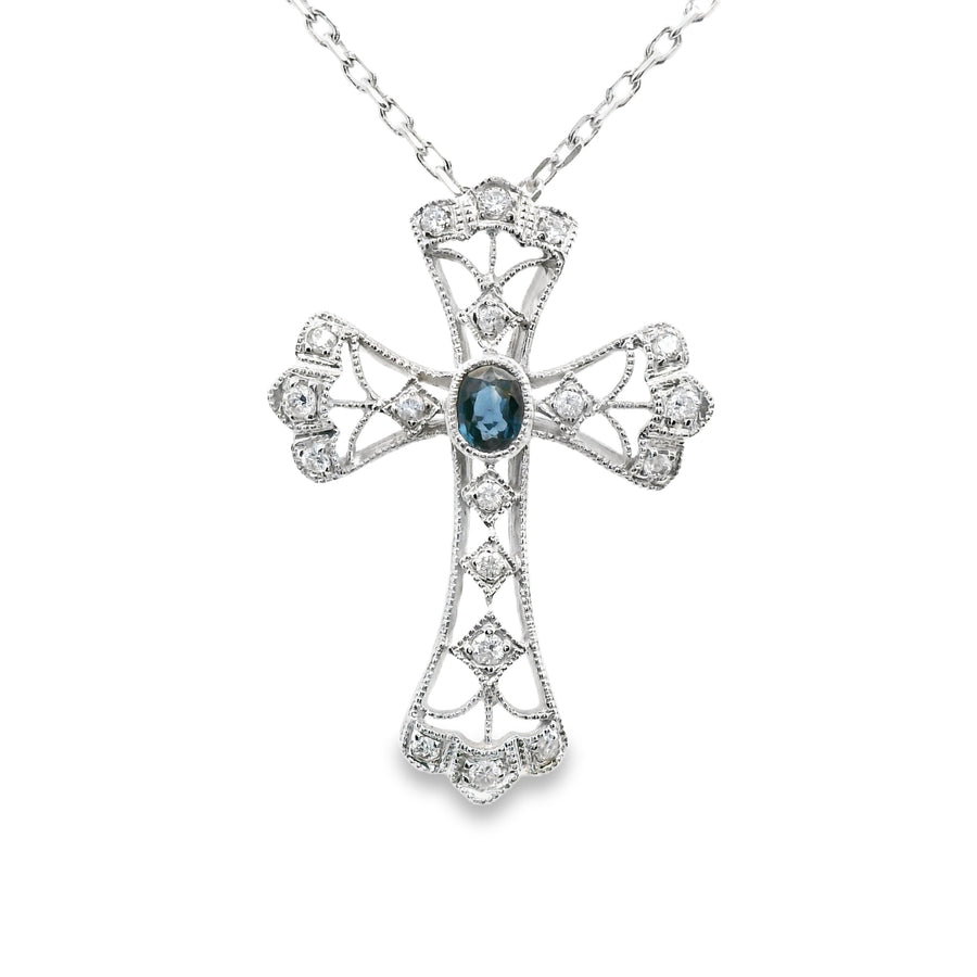18K White Gold Natural Diamond and Sapphire Cross Pendant (.42ct)