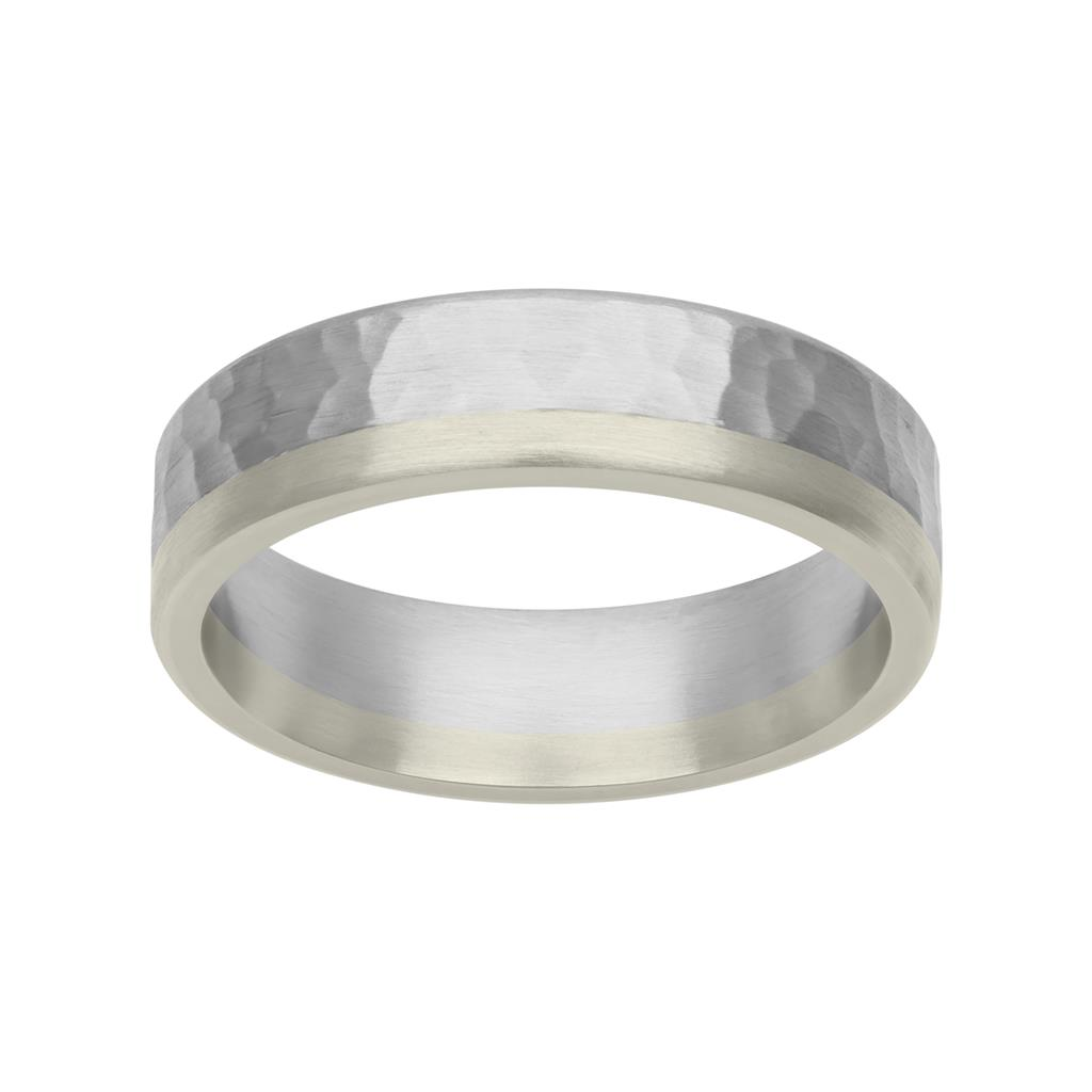 Goldman 18kt White Gold and Platinum 6mm Hammered Pattern and Flat Edge Fusion Wedding Band