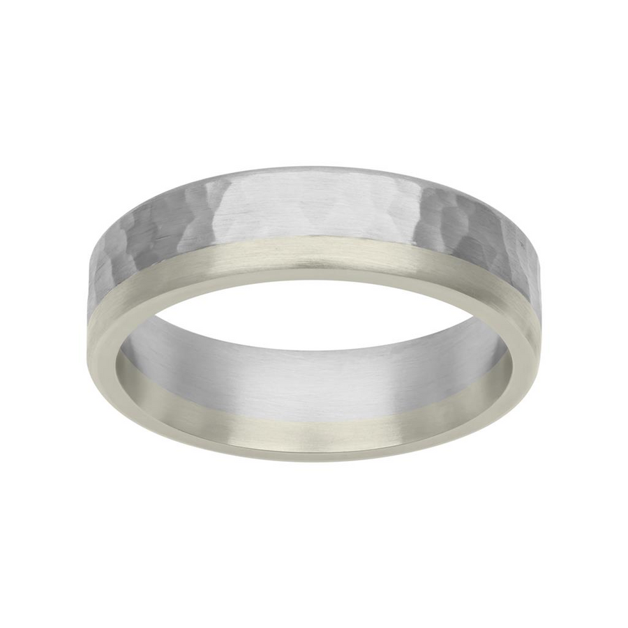 Goldman 18kt White Gold and Platinum 6mm Hammered Pattern and Flat Edge Fusion Wedding Band