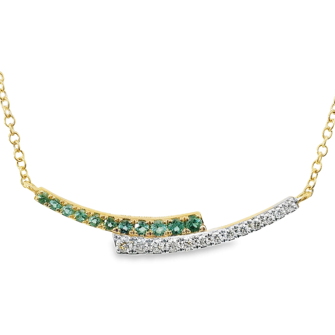 18kt Yellow Gold Natural Diamond and Emerald Bar Necklace (.45ct)