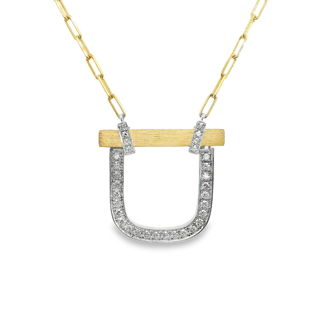 18kt Two-Tone Gold Natural Round Diamond Pendant (.34ct) With 18" Paperclip Chain