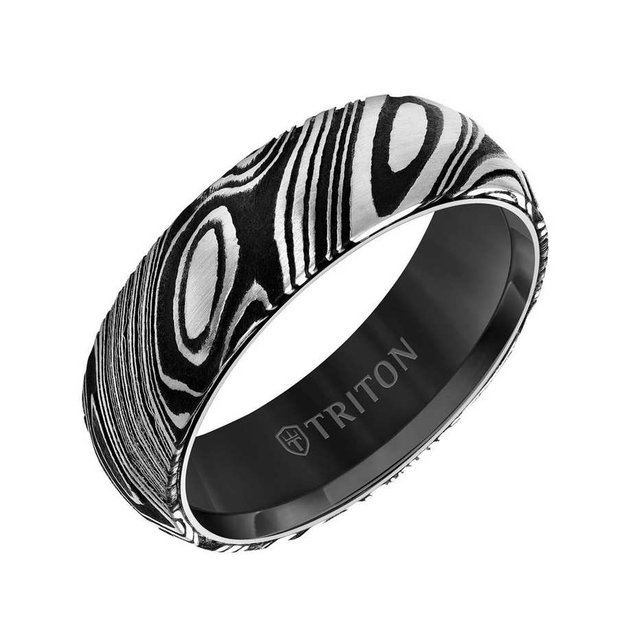 Triton Black Tungsten and Damascus Steel 7mm Ring