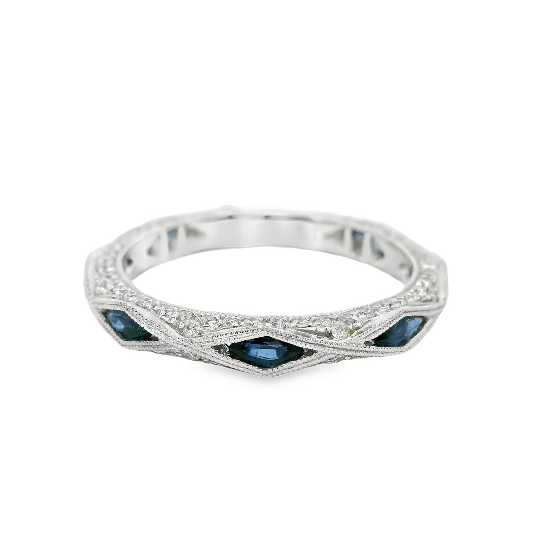 18kt White Gold Marquise Natural Sapphires and Round Natural Diamonds Ring (0.93ct)