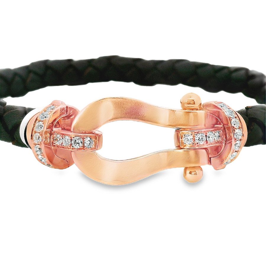 Men's 18kt Rose Gold and Leather Bracelet with Natural Full Cut Diamonds (.39ct)