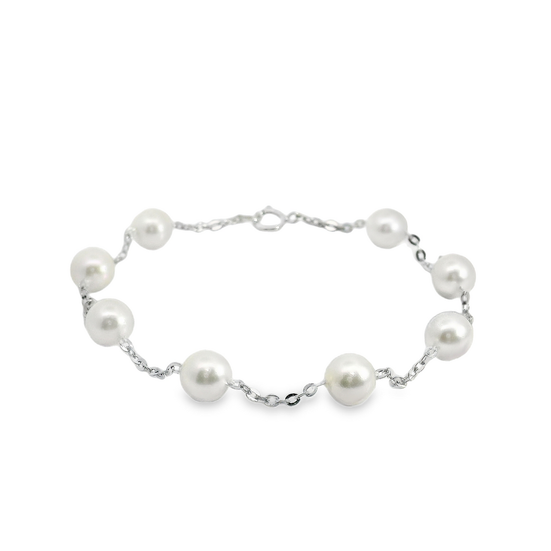 14kt White Gold 7.25" Tin Cup White Pearl Bracelet