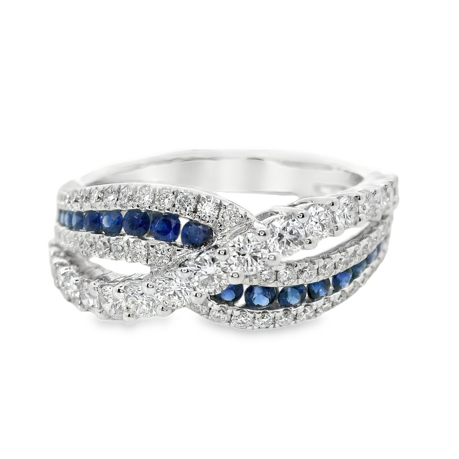 18kt White Gold Round Natural Diamonds and Round Natural Sapphires Ring (1.02ct)