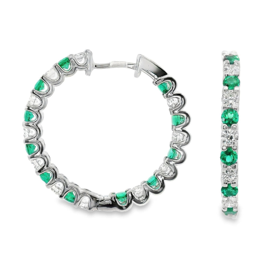 14kt White Gold Lab-Grown Round Emeralds and Lab-Grown Round Diamonds Large Hoop Earrings (2.11ct)