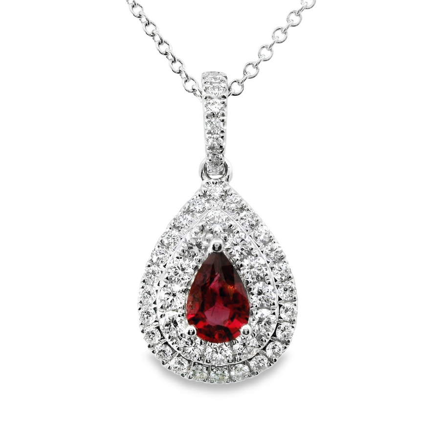 18kt White Gold Natural Pear Ruby And Natural Diamonds Pendant (1.26ct)