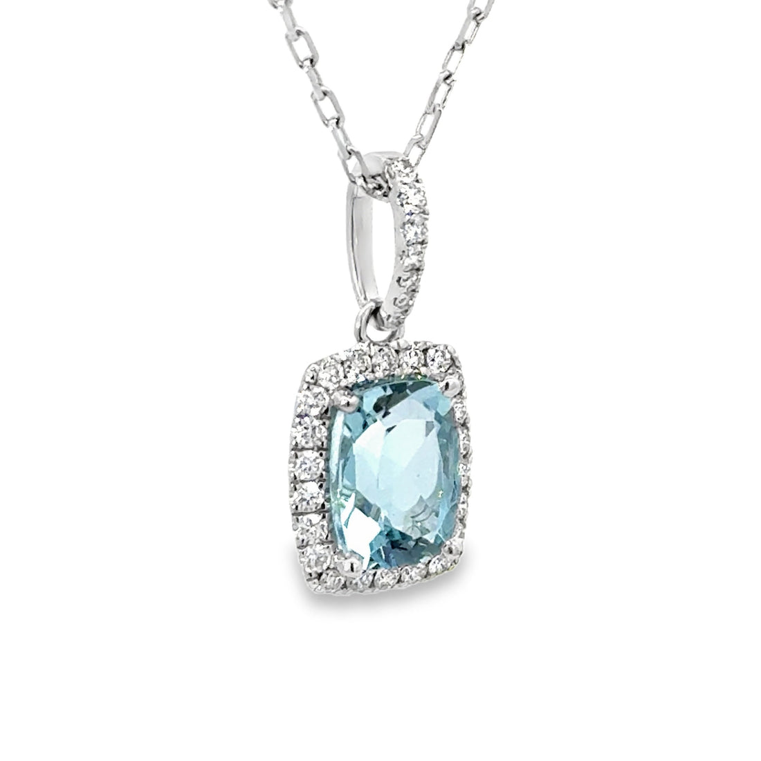 18kt White Gold Natural Cushion Aqua and Round Diamond Pendant (1.67ct)