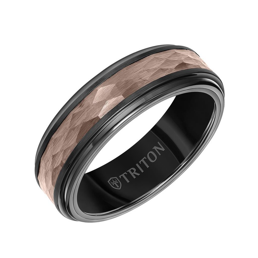 Triton Tu-Tone Tungsten 7mm Hammered Finish Ring