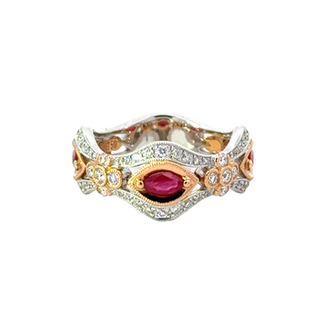 18kt Tu-Tone Gold Round Natural Diamonds and Round Natural Rubies Ring (0.95ct)