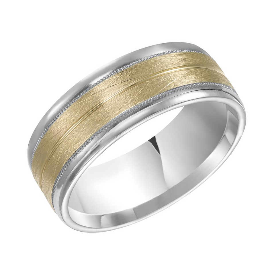 Artcarved 14kt Two-Tone 8mm Wired Finish Milgrain and Rounded Edge Wedding Band