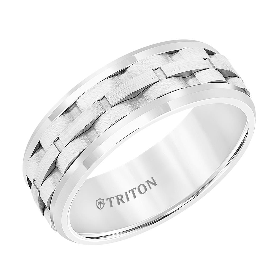 Triton White Tungsten 8mm Basket Weave Comfort Fit Ring
