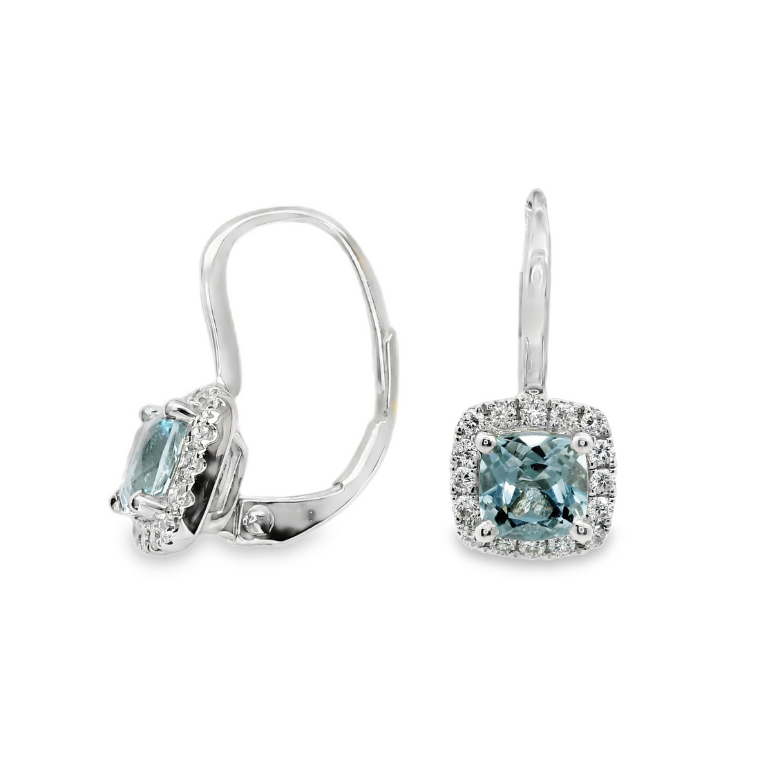 18kt White Gold Natural Cushion Aquas and Natural Round Diamonds Earrings (1.43ct)