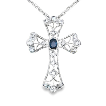 18K White Gold Natural Diamond and Sapphire Cross Pendant (.42ct)