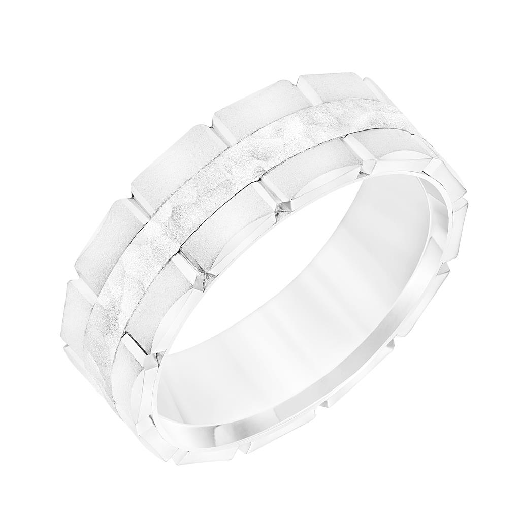 Goldman 14kt White Gold 7.5mm Brushed Edge and Hammered Center Brick Detail Wedding Band