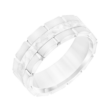 Goldman 14kt White Gold 7.5mm Brushed Edge and Hammered Center Brick Detail Wedding Band