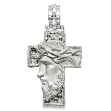 14kt White Gold Custom Christ Head Natural Diamond Cross Pendant (3.10ct)
