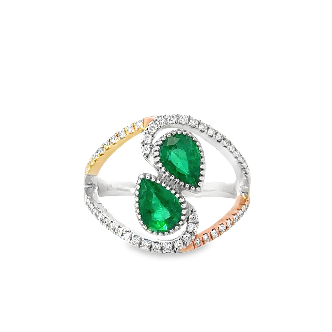 18kt Tu-Tone Gold Pear Natural Emeralds and Round Natural Diamonds Ring (1.61ct)