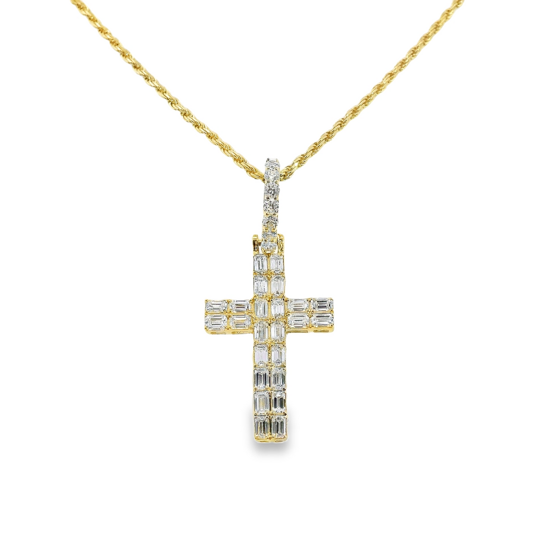 14kt Yellow Gold Lab-Grown Emerald Diamond Cross Pendant w/18" Diamond Cut Rope Chain (1.17ct)