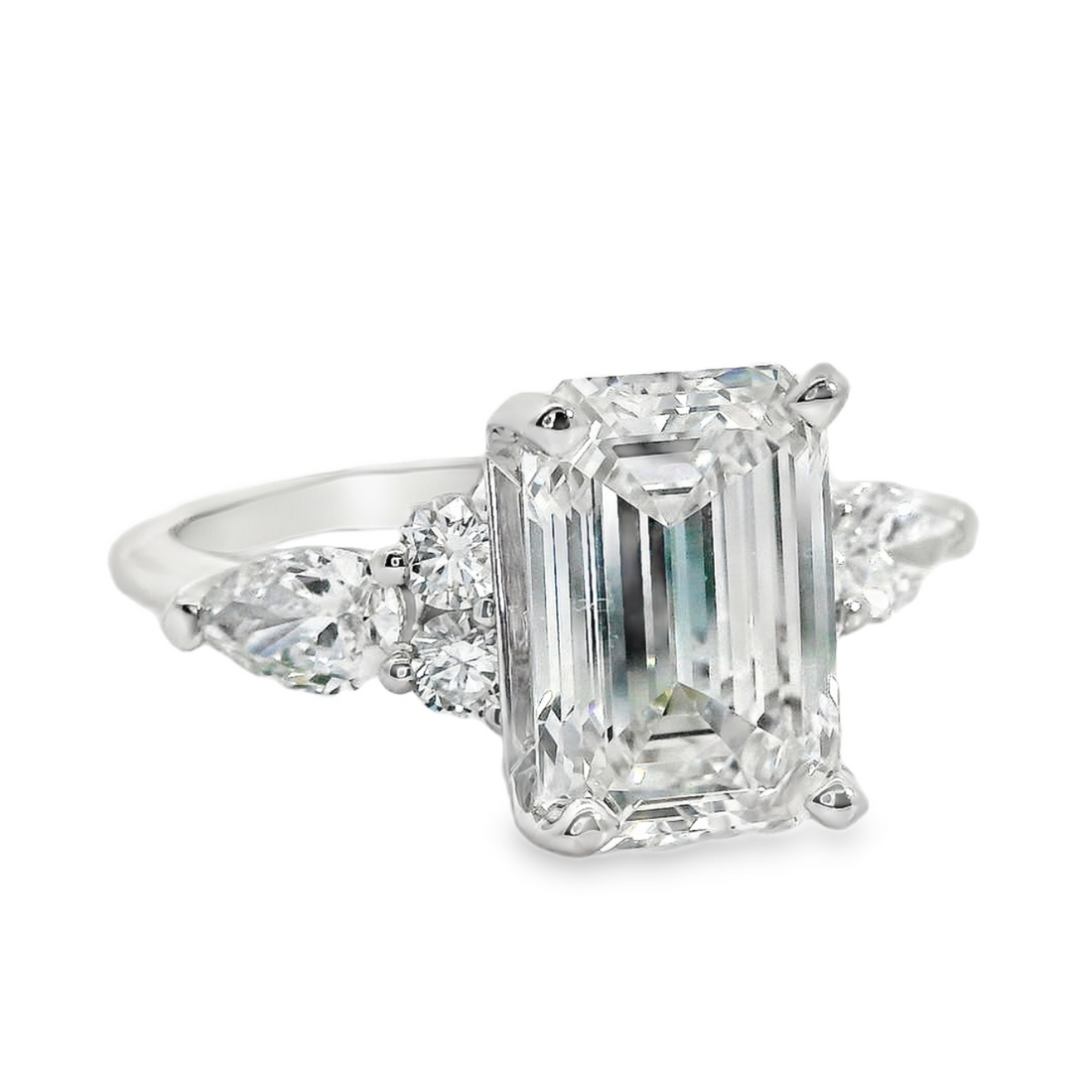 14kt White Gold Lab-Grown Emerald Cut & Pear Diamonds 3-Stone Engagement Ring (3.79ct)