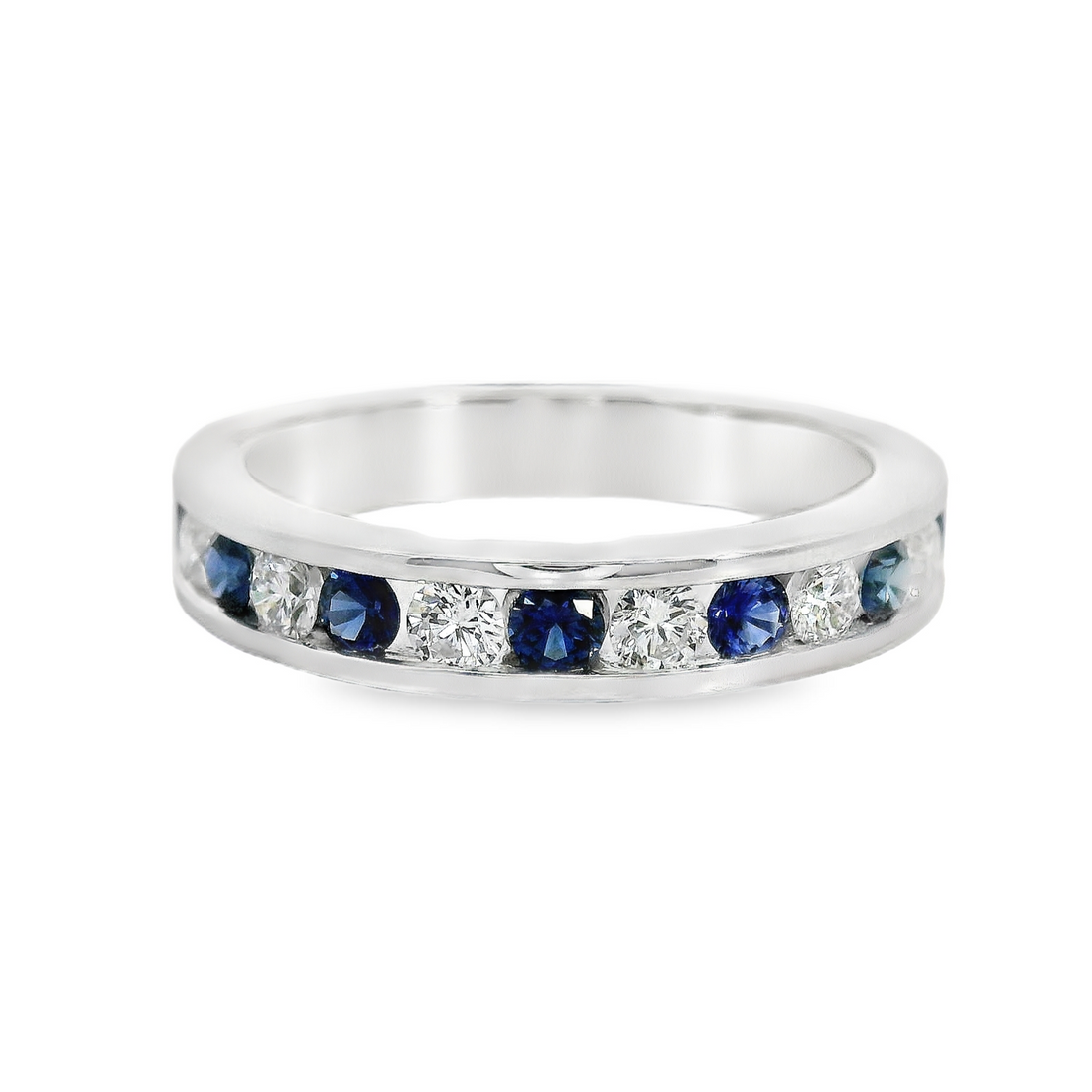 18kt White Gold Natural Round Sapphire and Natural Round Diamond Channel Set Ring (.75ct)