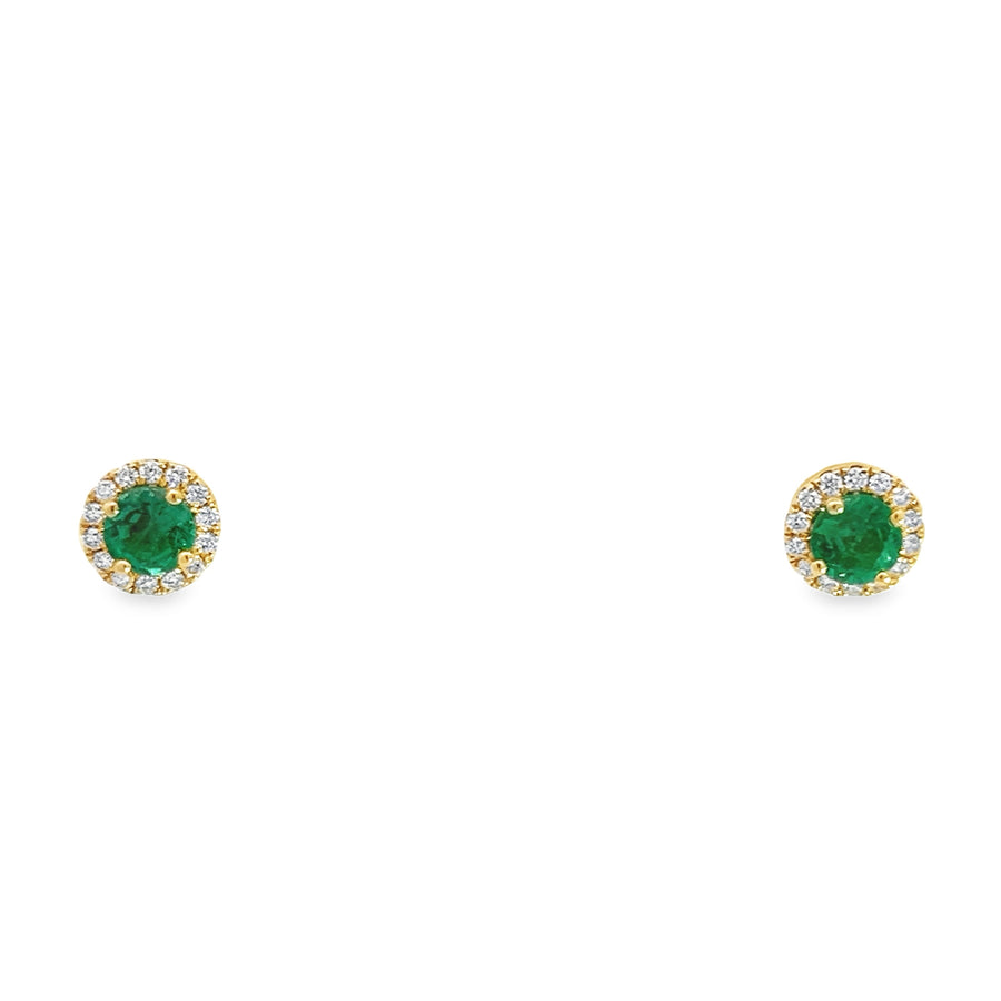 18K Yellow Gold Natural Round Emerald (.69ct) and Natural Round Diamond Earrings (.19ct)