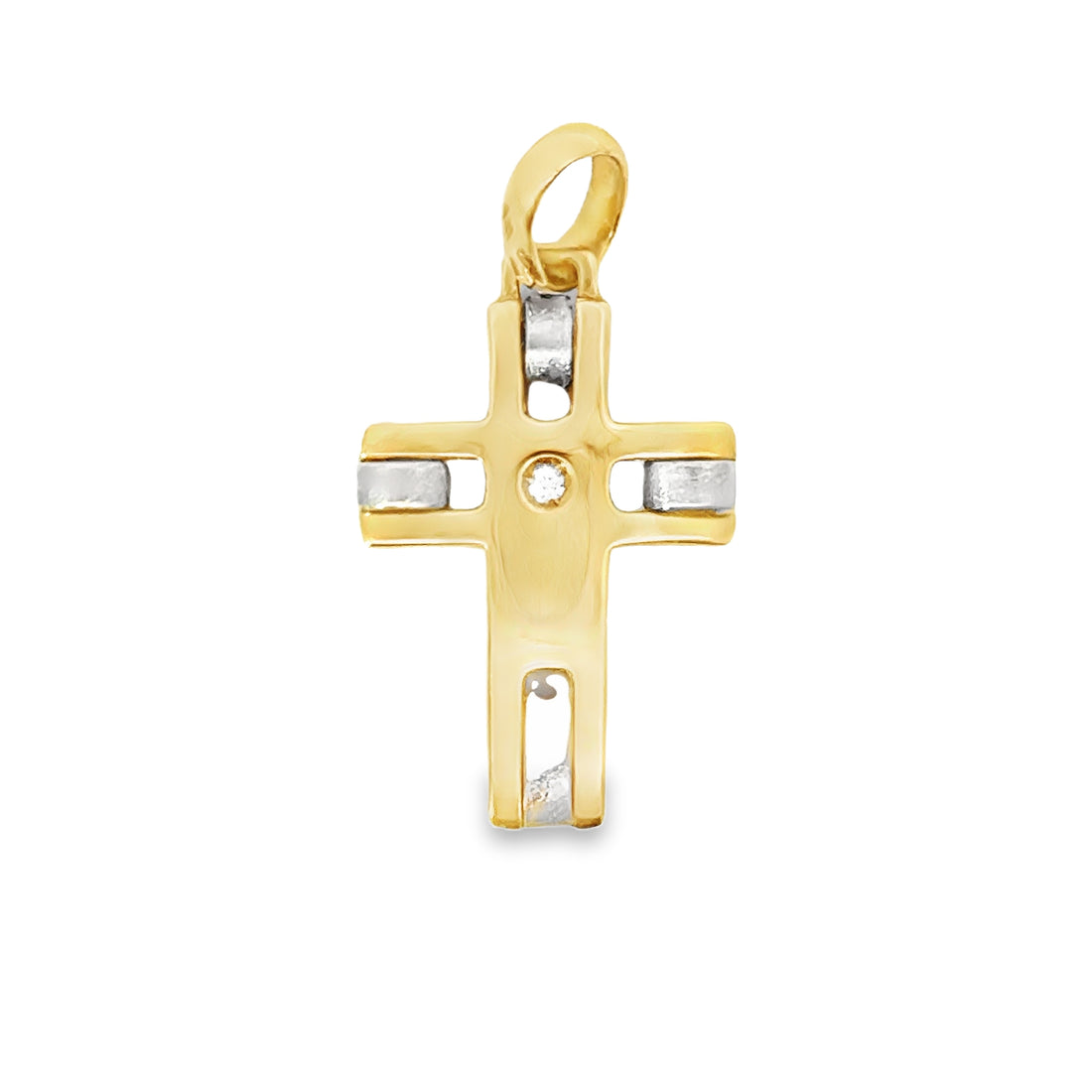 18K Two-Tone Gold and Diamond (.01ct) Cross Pendant (3.39g)