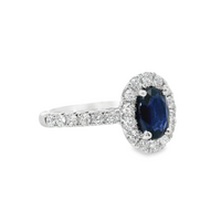 18kt White Gold Natural Oval Sapphire and Natural Round Diamond Halo Ring (1.29ct)