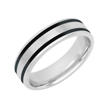 Goldman 14K White Gold and Black Ceramic Double Stripe Inlay 6mm Ring