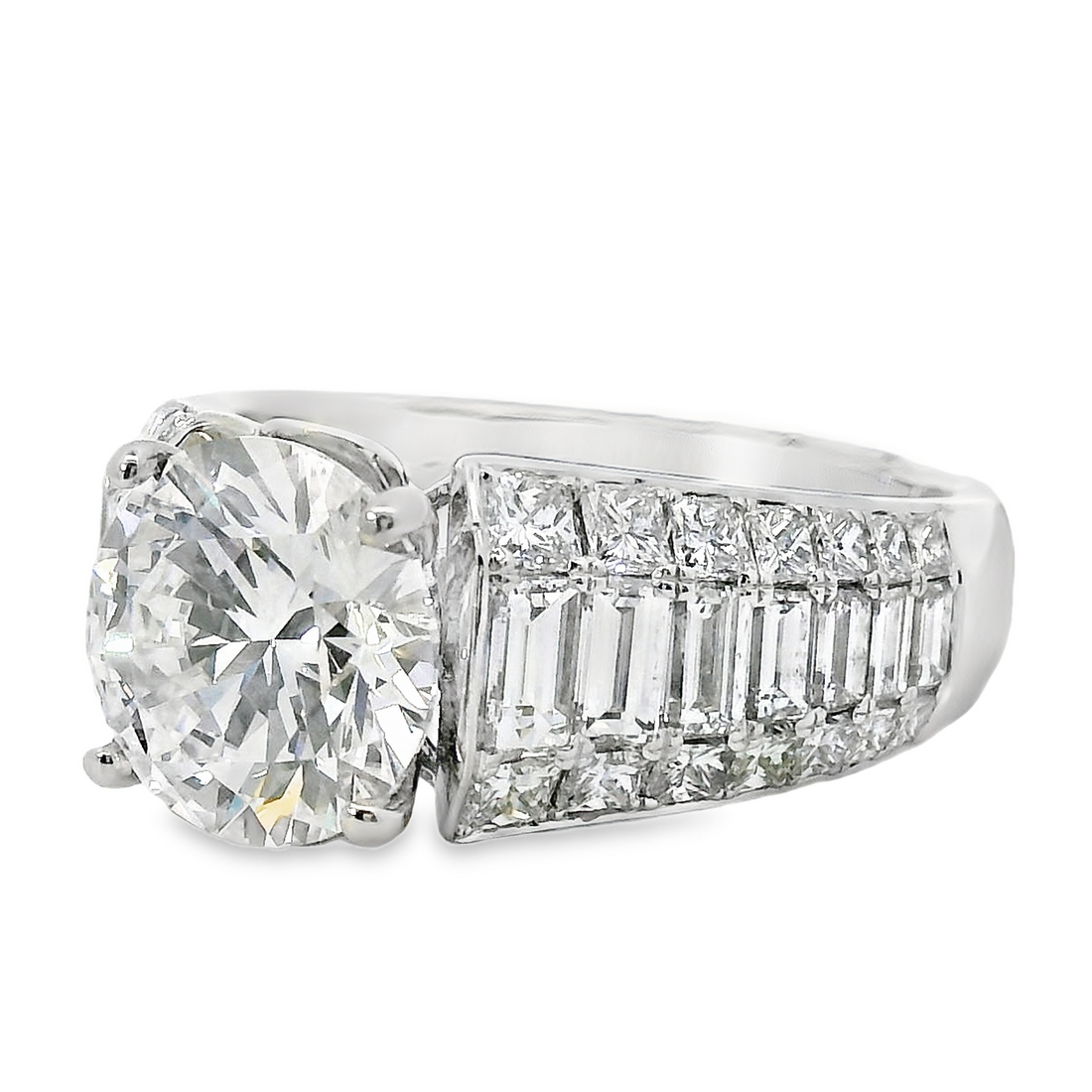 18kt White Gold Lab-Grown Round Brilliant Diamond (2.39ct) and Natural Channel Set Baguette and Princess Cut Diamonds (2.10ct) Engagement Ring